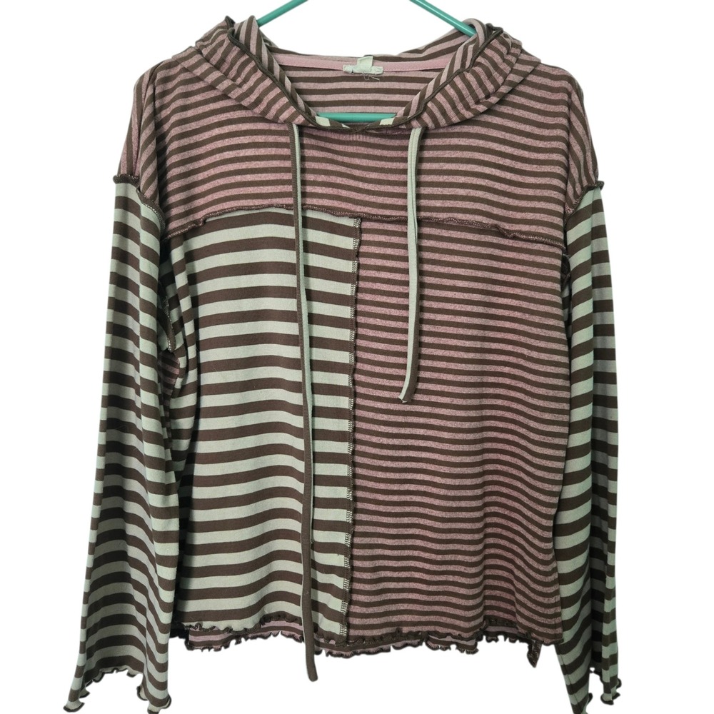 Hem & Thread Striped Patchwork Hoodie Indie Grunge Boho Womens Medium‎ Earthy